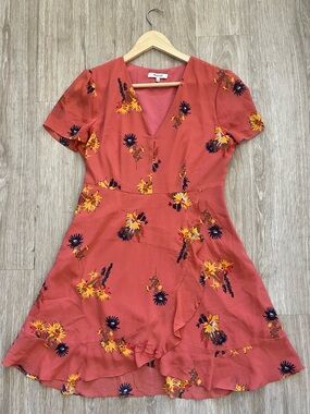Madewell Floral Wrap Dress Size 6 Coral Orange Ruffle Mini V Neck Summer
